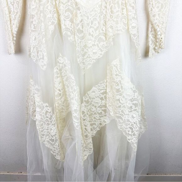 Vintage 70s 1970s Lace Off Shoulder Tulle Wedding Dress Romantic Boho - Picture 3 of 11